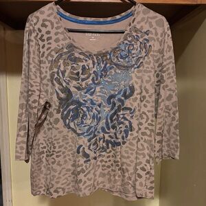 1X Nicole Miller New York Taupe Leopard Print Top with Blue/Brown w/embellishes.